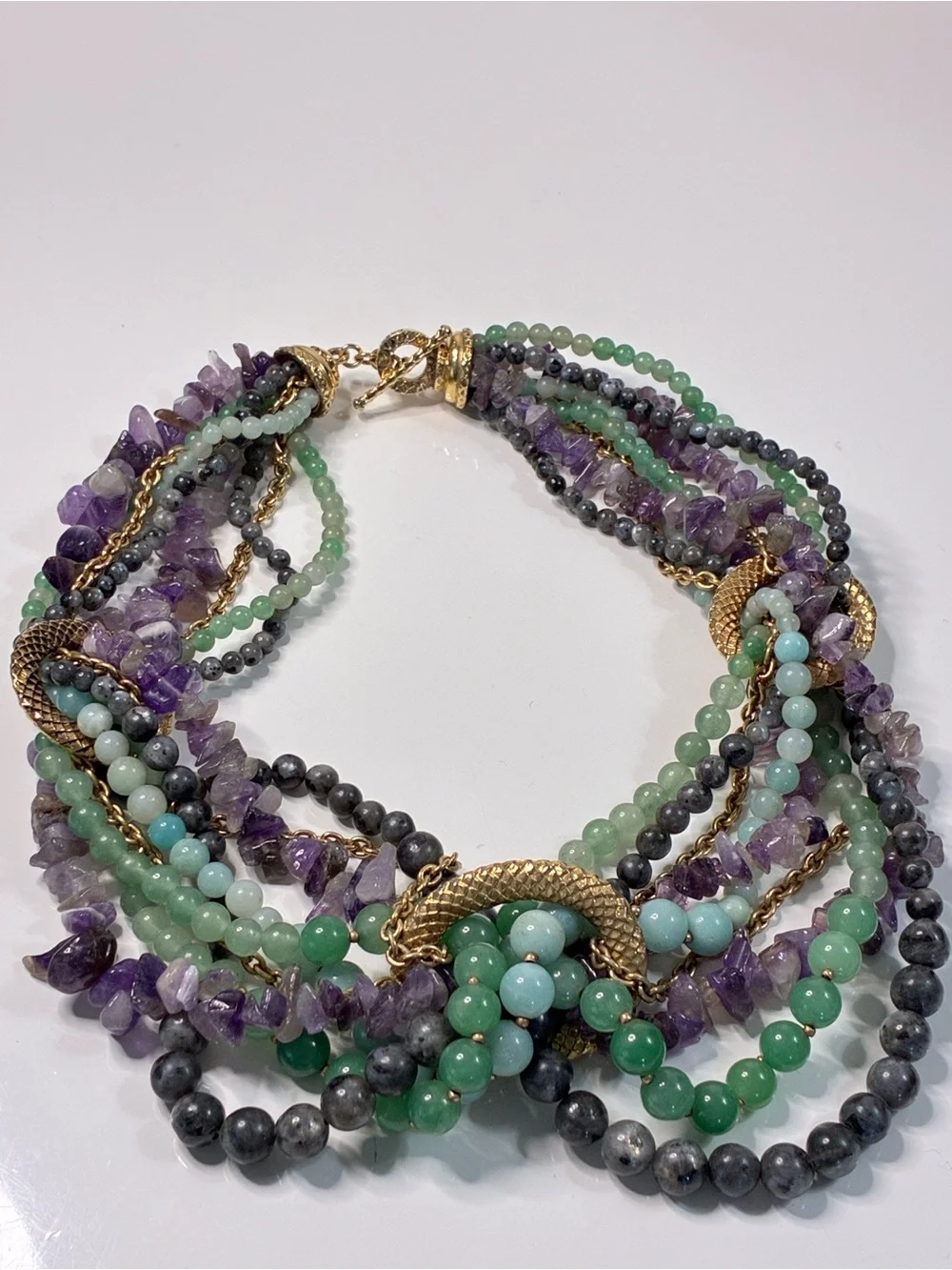 VTG CAROLEE LUX Multi-Strand Amethyst GR Aventurine  Necklace with Gold Accents